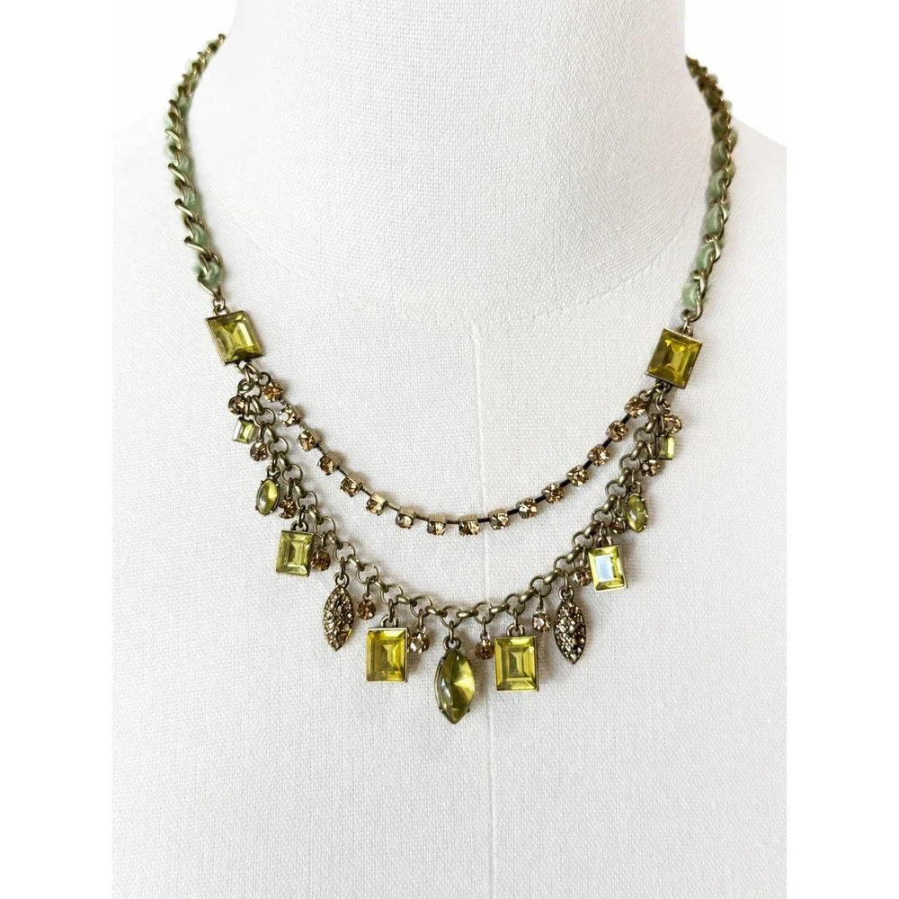 Betsey Johnson Green Rhinestone Bib Statement Necklace Fabric Chain Signed
